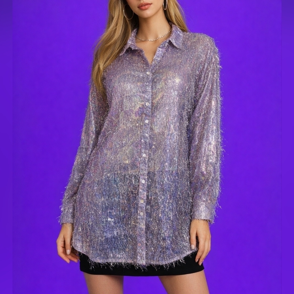An Na Irridescent Silver Fuzzy Oversized Semi-sheer Button Down Festival Shirt